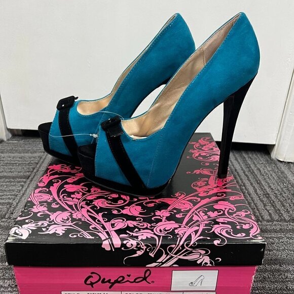 Qupid Tatum 47 teal velvet Ruched peep toe Platform Pumps  sz 8.5 - Picture 7 of 8